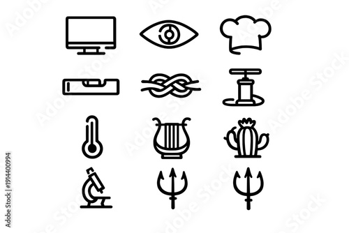 Set of diverse line icons including monitor eye chef hat spirit level knot air pump thermometer lyre cactus microscope and trident