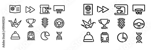Minimalist black line icons including passport coffee machine basketball hoop origami crane trophy traffic light steering wheel beanie and