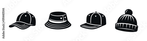 Set of different hats in black and white, flat vector illustration