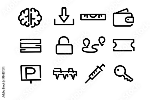 Minimalist black line icon set featuring brain download wallet padlock ticket parking syringe and key symbols on white background