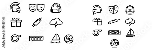 Minimalist line icon set featuring helmet theater masks backpack gift syringe storm cloud whistle keyboard sailboat and fan