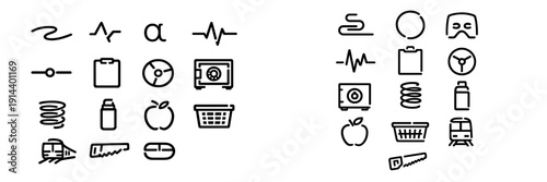 Collection of minimalist black line icons featuring heartbeat safe clipboard train saw and laundry basket isolated on white