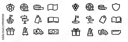 Minimalist black line icons set featuring grapes film reel measuring tape flag signpost price tag open book gift box metronome ambulance and