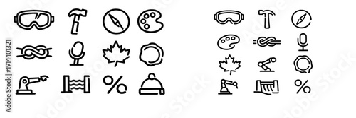 Set of black line icons featuring hammer compass goggles microphone maple leaf robotic arm and wax seal on white background