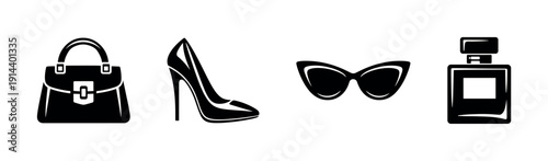 Fashion accessories collection: bag, shoe, sunglasses, perfume - flat vector illustration