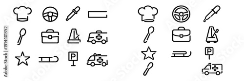 Set of black line icons including chef hat steering wheel pipette spoon briefcase metronome ambulance star sled and parking sign
