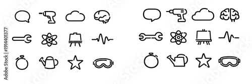 Set of minimalist line icons featuring tools science nature and creative symbols on a white background for web and graphic design