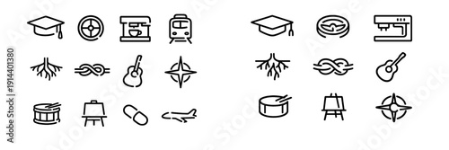 Collection of minimalist line icons representing education transportation music nature and health objects on white background