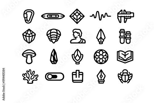 Collection of diverse linear icons featuring nature science and outdoor equipment symbols on a white background