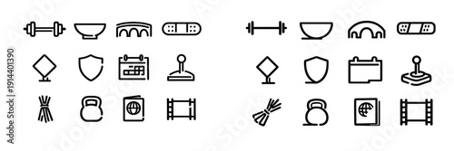 Collection of black line icons featuring barbell bridge bandage shield calendar joystick kettlebell and passport on white background