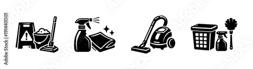 Cleaning tools and equipment icons, flat vector illustration