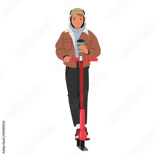 Casual teenage boy student riding electric scooter while drinking coffee on-the-go isolated on white