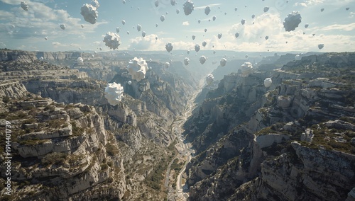 Clouds Float Above a Deep Canyon in a Landscape Filled With Rock Formations a...