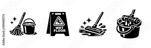 Cleaning tools and wet floor sign icons in black and white, flat vector illustration