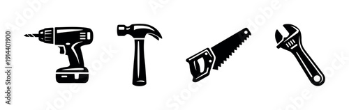 Power drill, hammer, saw, and wrench tools, flat vector illustration