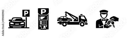 Parking and car towing services icon set, flat vector illustration