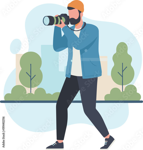 Happy Male Photographer with Camera Flat Character Design