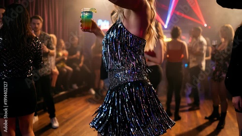 Blonde young woman in a dress dancing with a tropical drink in a nightclub, smiling and positive, vibrant party atmosphere, warm colors, fun vacation and holiday mood
