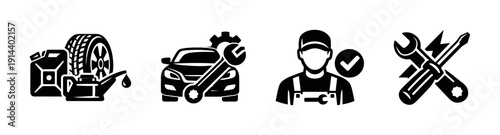Car repair tools and mechanic with checkmark, flat vector illustration