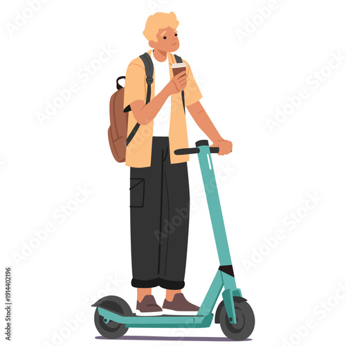 Cartoon teenage guy with backpack holding takeaway coffee cup riding electric scooter outdoors