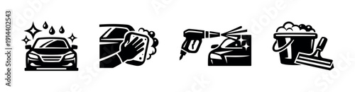 Car washing and detailing icons, cleaning tools, flat vector illustration