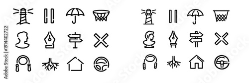 Collection of black line icons featuring lighthouse umbrella basketball hoop pen nib signpost house and steering wheel on white background