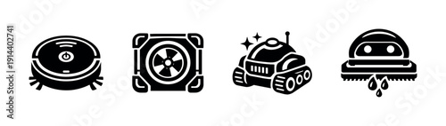Robotic cleaning devices icons set, flat vector illustration