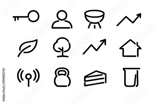 Set of minimalist black line icons including key person tree house kettlebell and graph symbols on white background