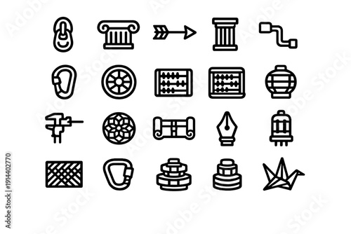 Set of minimalist black line icons representing diverse objects including climbing gear ancient architecture mathematical tools and paper