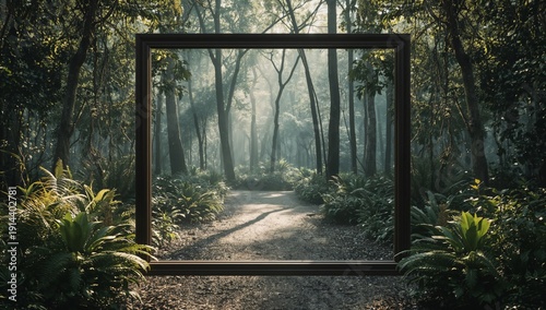 Forest Scene Framed in an Ornate Border With Sunlight Streaming Through Trees...