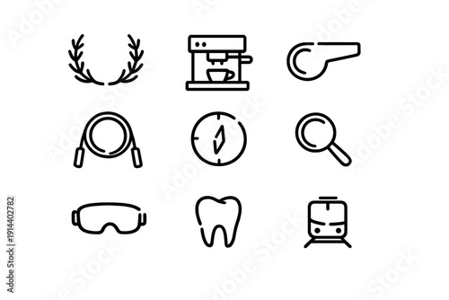 Set of black line icons featuring laurel wreath coffee machine whistle jump rope compass magnifying glass goggles tooth and train