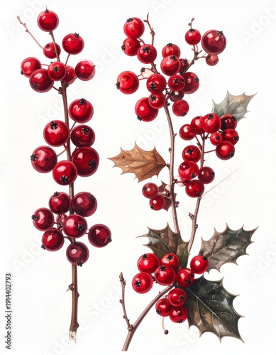 Red Holly Berries Sprigs Watercolor Illustration on White Background