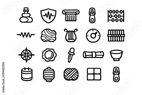 Minimalist black and white line icons featuring a shield column zipper abacus lyre compass pipette scroll bowl yarn and various symbols