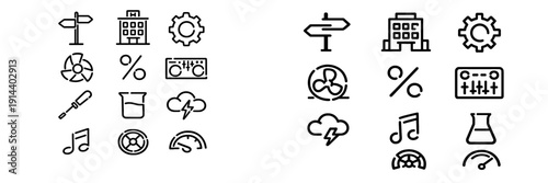 Collection of black line icons representing various categories including technology science weather music and business on white background