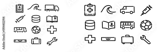 Collection of minimalist black line icons representing various categories like medical transport education and tools on white background