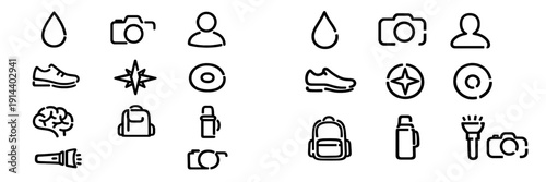Collection of minimalist black line icons featuring travel gear outdoor equipment and lifestyle symbols on a plain white background