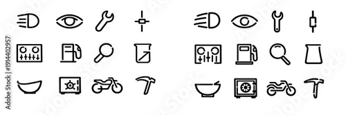 Minimalist line icons featuring automotive tools industrial equipment and household objects on white background