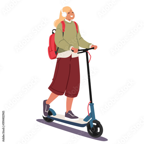 Casual teenage girl student character riding electric scooter enjoying eco-friendly transportation