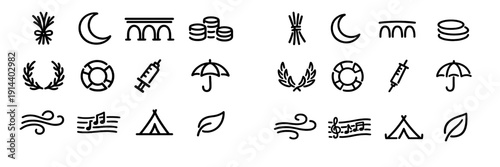 Black line icons representing nature travel medicine and finance symbols isolated on white background
