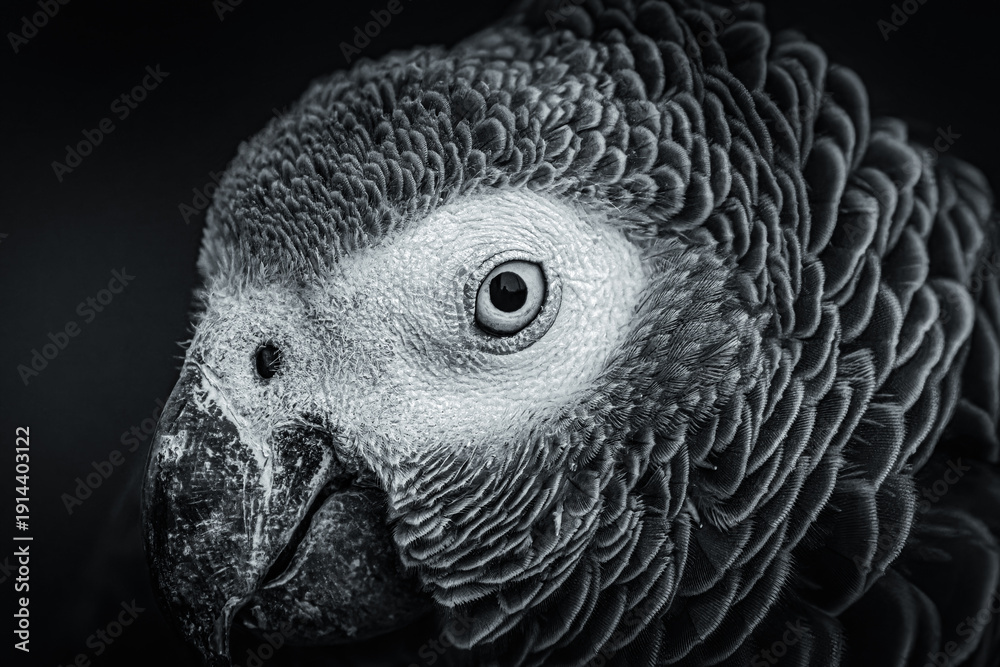 Obraz premium Portrait dramatique d’un perroquet gris du Gabon en clair-obscur