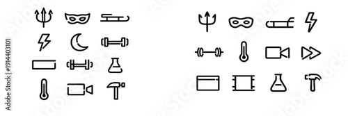 Minimalist black line icons featuring trident mask sled lightning bolt moon dumbbell flask thermometer video camera and hammer on white