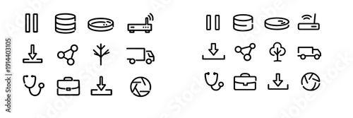 Set of minimalist line icons for business technology medical and logistics applications on a clean white background
