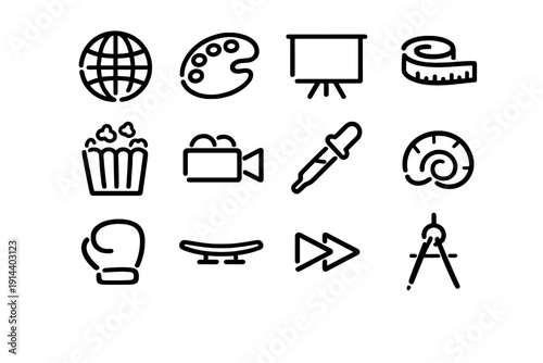 Set of minimalist black line icons representing various hobbies and tools including sports art science and entertainment on white background
