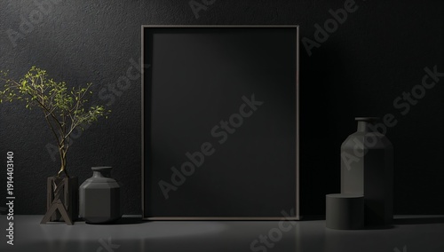 Black Background With Empty Frame, Vases, and a Small Plant on a Table at a M...