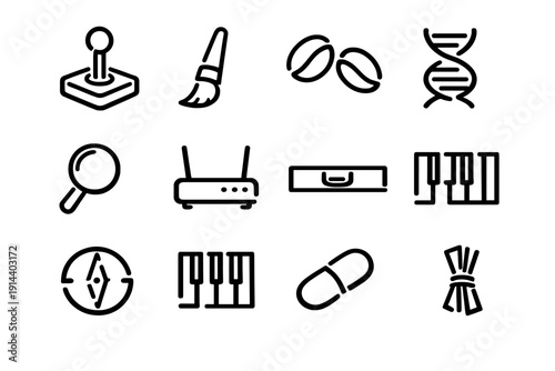 Minimalist black line icons featuring joystick paintbrush coffee beans dna helix magnifying glass router briefcase piano keys and compass