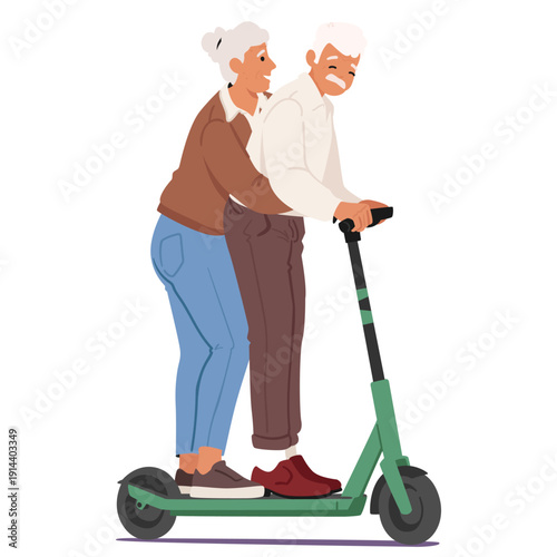 Elderly wife hugging lovely husband during during fun electric scooter ride isolated on white