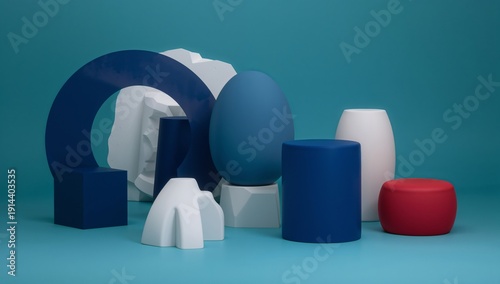 Colorful Geometric Shapes Arranged on a Blue Background With a Mix of Materia...