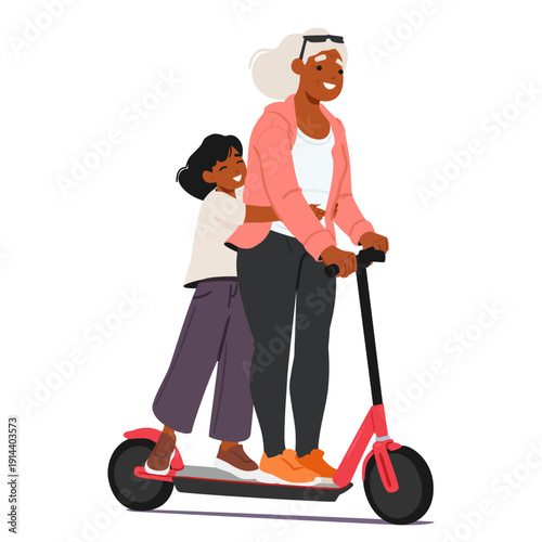 Grandmother and kid riding electric scooter enjoying family bonding and eco-friendly urban mobility