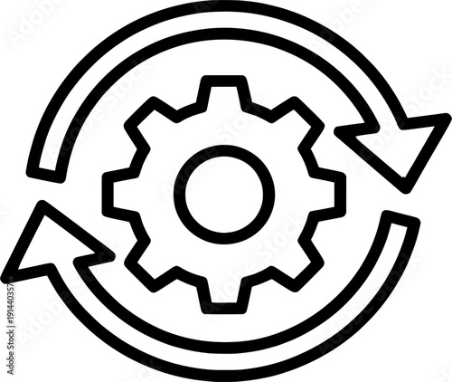 Simple gear and two arrows icon in black and white line art isolated on a transparent background process management cycle concept