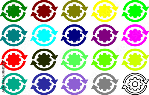 Simple gear and two arrows icon set in various colors isolated on a transparent background process management cycle flat vector illustration